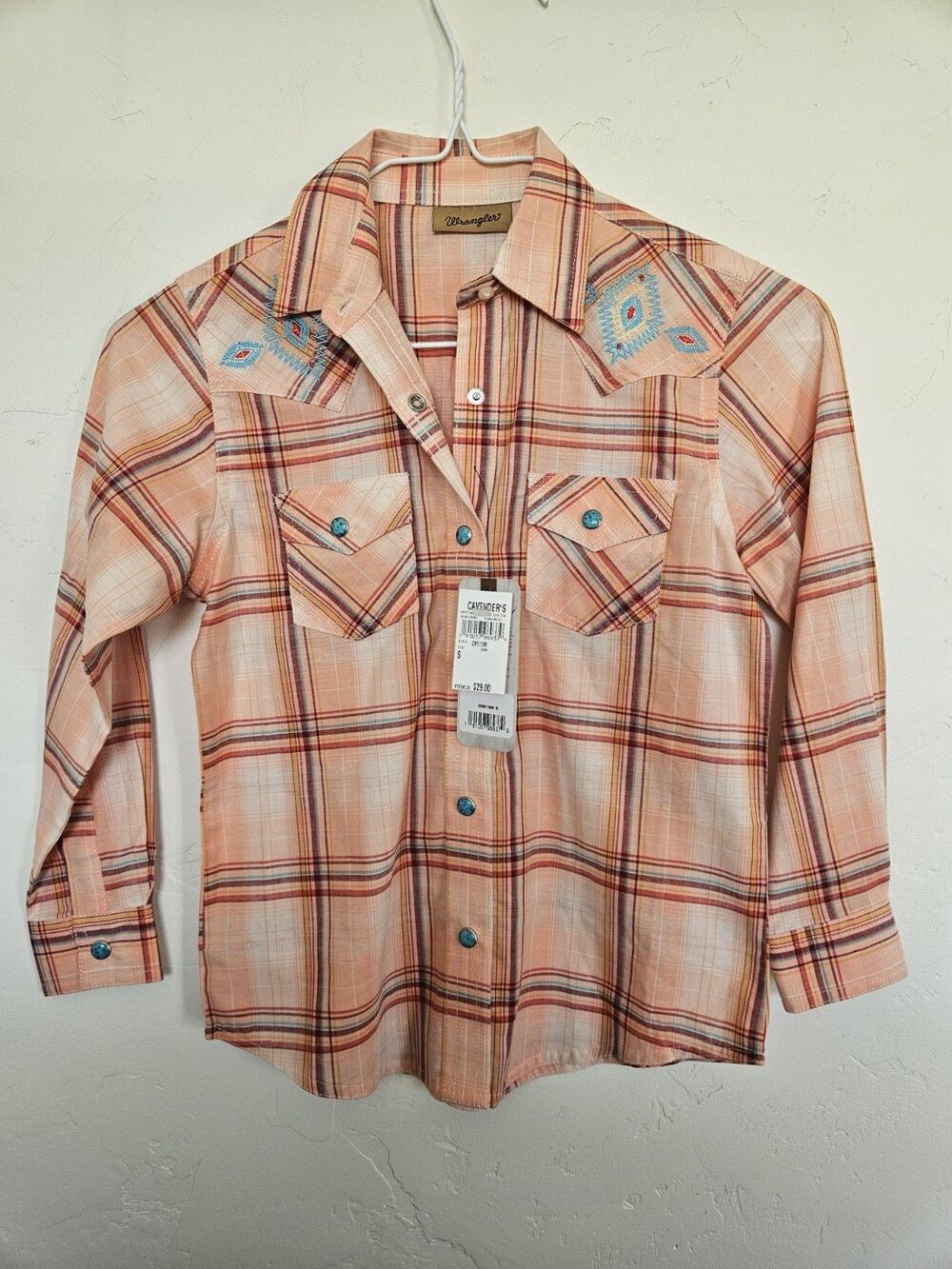 Wrangler Girl's Western Plaid Cowgirl Button-Up Shirt, Orange, Size S